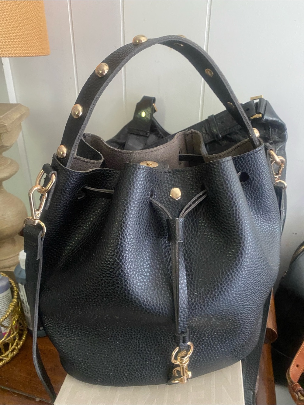 Black Pebbled Leather Stud-Accent Bucket Shoulder Bag